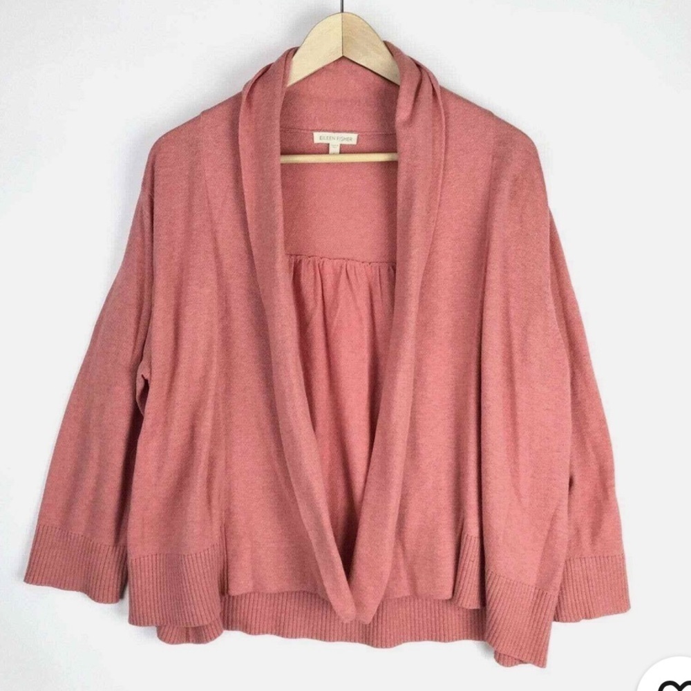 Eileen Fisher Women M Open Front Shawl Collar Cardigan Sweater Pink Org Cotton